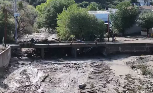 Damage from flooding in Globe, Ariz., is seen on Saturday morning, Sept. 27, 2025. (Adam Klepp/KNXV-TV - ABC15 Arizona via AP)