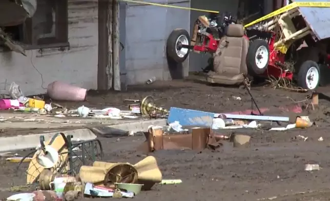 Damage from flooding in Globe, Ariz., is seen on Saturday morning, Sept. 27, 2025. (Adam Klepp/KNXV-TV - ABC15 Arizona via AP)