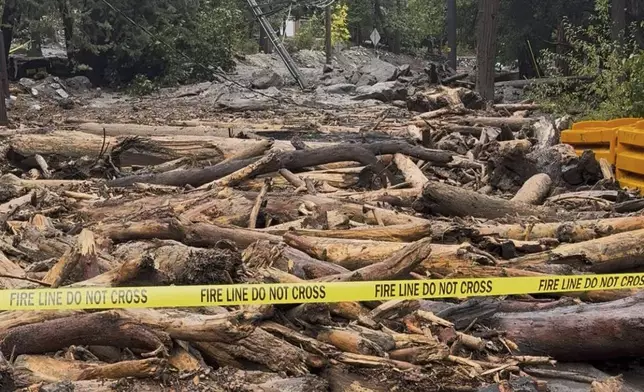 This photo provided by the San Bernardino County Fire Department shows damage caused by mudslides after storms in Forest Falls, Calif., on Thursday Sept. 18, 2025. (San Bernardino County Fire Department via AP)