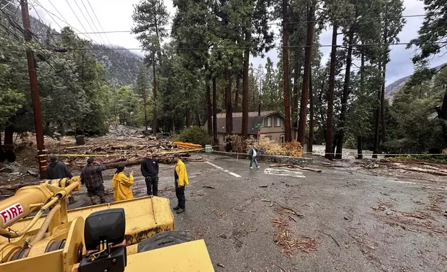 This photo provided by the San Bernardino County Fire Department shows damage caused by mudslides after storms in Forest Falls, Calif., on Thursday Sept. 18, 2025. (San Bernardino County Fire Department via AP)