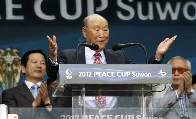 FILE - Rev. Sun Myung Moon, the controversial founder of the Unification Church, speaks during the opening ceremony of the 2012 Peace Cup Suwon at Suwon World Cup Stadium in Suwon, South Korea, on July 19, 2012. (AP Photo/Ahn Young-joon, File)