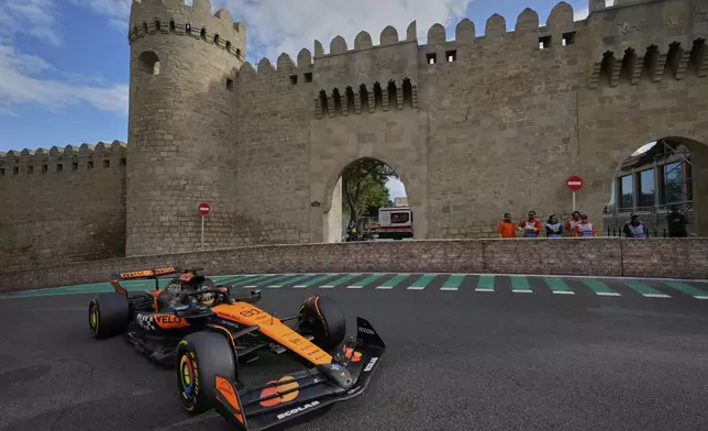 McLaren driver Oscar Piastri of Australia in action during the qualifying for the Azerbaijan Formula One Grand Prix in Baku, Azerbaijan, Saturday, Sept. 20, 2025. (AP Photo/Darko Bandic)