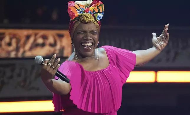 Cuba's Zulema Iglesias Salazar performs the song "Guaguanco" at the International Music Competition "Intervision" at the Live Arena outside Moscow, Russia, Saturday, Sept. 20, 2025. (AP Photo/Alexander Zemlianichenko)