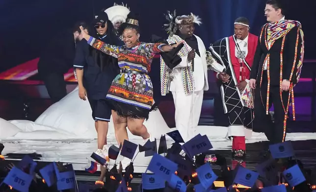 South Africa's Mzansi Jikelele group performs the song "Home" at the International Music Competition "Intervision" at the Live Arena outside Moscow, Russia, Saturday, Sept. 20, 2025. (AP Photo/Alexander Zemlianichenko)