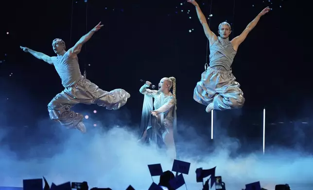 Belarus' Nastya Kravchenko performs the song "Motylok" at the International Music Competition "Intervision" at the Live Arena outside Moscow, Russia, Saturday, Sept. 20, 2025. (AP Photo/Alexander Zemlianichenko)