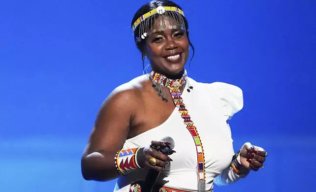 Kenya's Sanaipei Tande performs the song "Flavour" at the International Music Competition "Intervision" at the Live Arena outside Moscow, Russia, Saturday, Sept. 20, 2025. (AP Photo/Alexander Zemlianichenko)