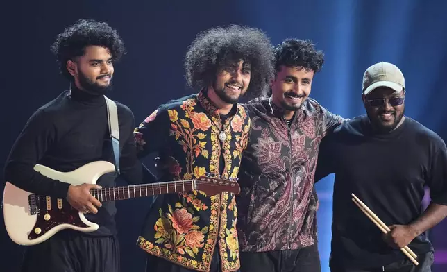 India's Rauhan Malik, 2nd left, performs the song "Love" at the International Music Competition "Intervision" at the Live Arena outside Moscow, Russia, Saturday, Sept. 20, 2025. (AP Photo/Alexander Zemlianichenko)