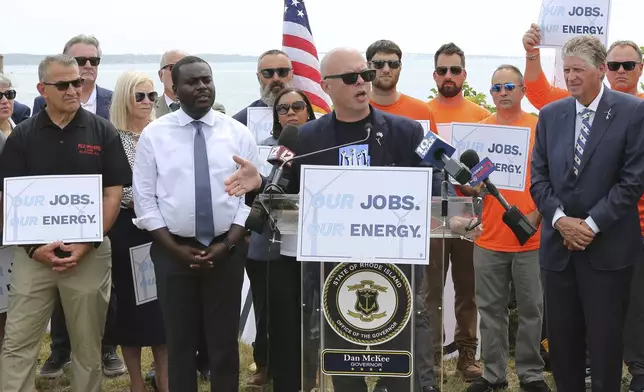 Patrick Crowley, president of the Rhode Island AFL-CIO, calls on the Trump administration to allow work to resume on the Revolution Wind offshore wind farm during a news conference in North Kingstown, R.I., Monday, Aug. 25, 2025. (AP Photo/Jennifer McDermott)