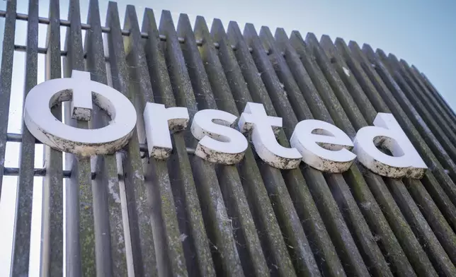 The logo for the Danish company Orsted is displayed on the exterior of the Avedore Power Station in Hvidovre, Copenhagen, Aug. 19, 2025. (Sebastian Elias Uth/Ritzau Scanpix via AP)