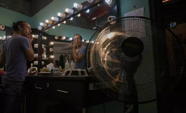 Alexandre Paulikevitch applies makeup backstage before performing at a theatre in Beirut, Lebanon, Thursday, Sept. 11, 2025. (AP Photo/Hussein Malla)