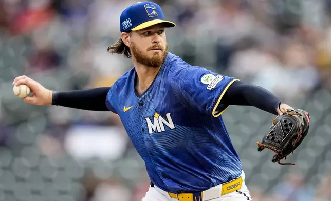 Minnesota Twins pitcher Bailey Ober (17) works against the Minnesota Twins in the first inning of the second baseball game of a doubleheader, Saturday, Sept. 20, 2025, in Minneapolis. (AP Photo/Mike Stewart)