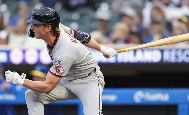 Cleveland Guardians' Petey Halpin (0) bats in the in the third inning of the second baseball game of a doubleheader against the Minnesota Twins, Saturday, Sept. 20, 2025, in Minneapolis. (AP Photo/Mike Stewart)