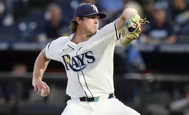 Tampa Bay Rays pitcher Ryan Pepiot delivers to the Cleveland Guardians during the first inning of a baseball game Thursday, Sept. 4, 2025, in Tampa, Fla. (AP Photo/Chris O'Meara)