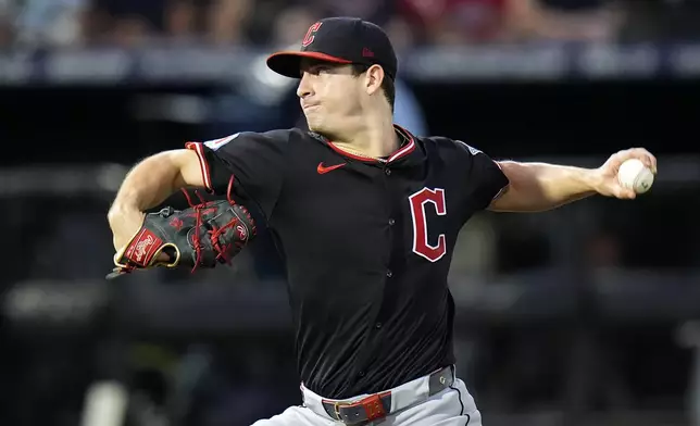 Cleveland Guardians pitcher Logan Allen delivers to the Tampa Bay Rays during the first inning of a baseball game Thursday, Sept. 4, 2025, in Tampa, Fla. (AP Photo/Chris O'Meara)