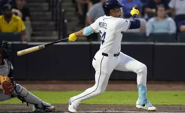 Tampa Bay Rays' Christopher Morel follows his RBI single off Cleveland Guardians pitcher Logan Allen during the first inning of a baseball game Thursday, Sept. 4, 2025, in Tampa, Fla. (AP Photo/Chris O'Meara)