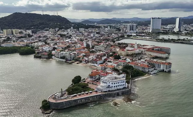 The old town "Casco Viejo" of Panama City, built after pirates destroyed the first settlement, overlooks the Bay of Panama on the Pacific Ocean, Sunday, Aug. 24, 2025. (AP Photo/Matias Delacroix)