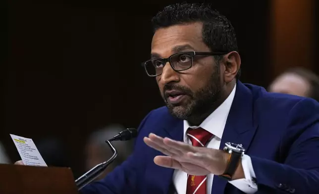 FBI Director Kash Patel appears before the Senate Judiciary Committee for his first oversight hearing, Tuesday, Sept. 16, 2025, at the Capitol in Washington. (AP Photo/Julia Demaree Nikhinson)