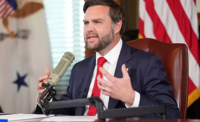 Vice President JD Vance hosts an episode of "The Charlie Kirk Show" at the White House, following the assassination of the show's namesake, Monday, Sept., 15, 2025, in Washington. (Doug Mills/The New York Times via AP, Pool)