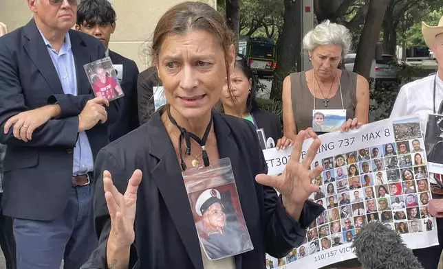 FILE - Catherine Berthet, whose daughter Camille Geoffrey died in the March, 2019, crash of an Ethiopian Airlines 737 Max, speaks outside federal court in Fort Worth, Texas, on Friday, Oct. 11, 2024. (AP Photo/Dave Koenig,File)