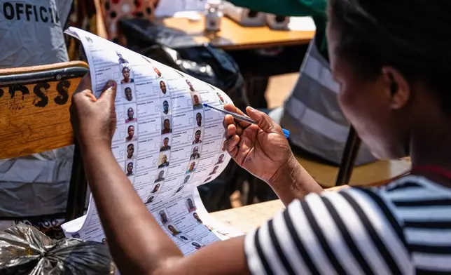 An election worker checks names in electoral rolls at a polling station in Thyolo District, Malawi, Tuesday, Sept. 16, 2025. (AP Photo/Thoko Chikondi)