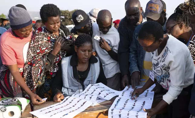 Election worker check names from electoral rolls at a polling station in Blantyre, Malawi, Tuesday, Sept. 16, 2025. (AP Photo/Thoko Chikondi)