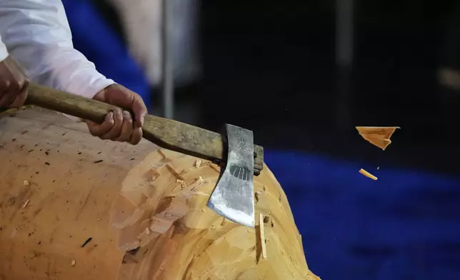A woodcutter chops a sacred cypress tree as they clean it up after felling it in a forest early in the morning during Misomahajimesai, an early ceremony of the Shikinen Sengu ritual to rebuild main structures of the Ise Jingu shrine for Shinto deities, in Agematsu, central Japan, Tuesday, June 3, 2025. (AP Photo/Hiro Komae)