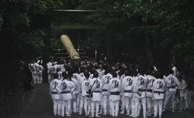 People pull a sacred timber into the Ise Jingu shrine complex, as others follow during Mihishirogi Hoeishiki, a ceremony of the Shikinen Sengu ritual to rebuild its main structures for Shinto deities, in Ise, central Japan, Tuesday, June 10, 2025. (AP Photo/Hiro Komae)