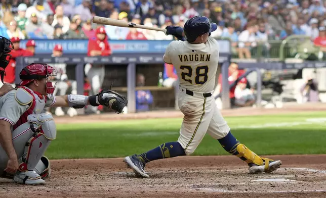 Milwaukee Brewers' Andrew Vaughn hits a double during the sixth inning of a baseball game against the Philadelphia Phillies Thursday, Sept. 4, 2025, in Milwaukee. (AP Photo/Morry Gash)
