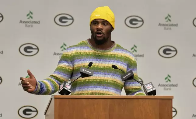 Green Bay Packers Micah Parsons speaks at his introductory news conference Friday, Aug. 29, 2025, in Green Bay, Wis. (AP Photo/Morry Gash)