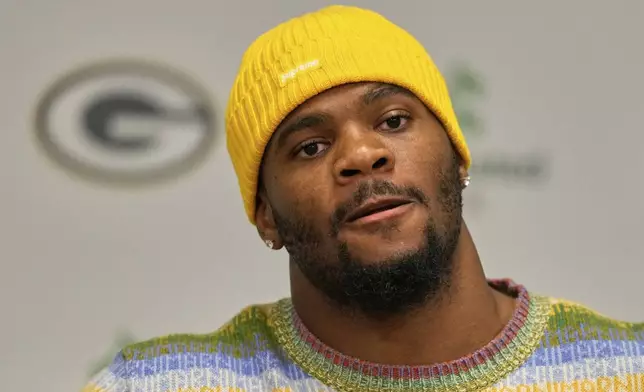 Green Bay Packers Micah Parsons speaks at his introductory news conference Friday, Aug. 29, 2025, in Green Bay, Wis. (AP Photo/Morry Gash)