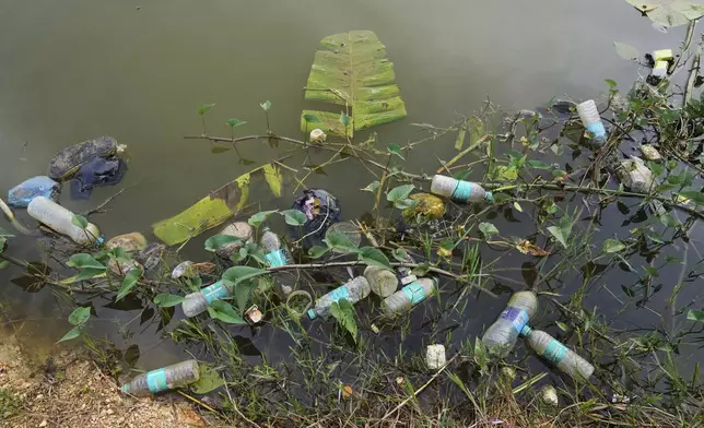 Plastic bottles and trash lie in the waters of partly rejuvenated Bashettihalli Lake on the outskirts of Bengaluru, India, Monday, Aug. 25, 2025. (AP Photo/Aijaz Rahi)