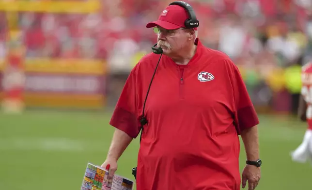 Kansas City Chiefs head coach Andy Reid watches from the sidelines during the second half of an NFL football game against the Philadelphia Eagles Sunday, Sept. 14, 2025, in Kansas City, Mo. (AP Photo/Ed Zurga)
