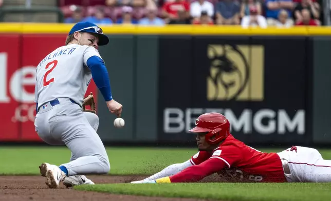 Chicago Cubs second base Nico Hoerner (2) attempts to tag Cincinnati Reds' Noelvi Marte (16) as he steals second base in the first inning of a baseball game Sunday, Sept. 21, 2025, in Cincinnati. (AP Photo/Michael Swensen)