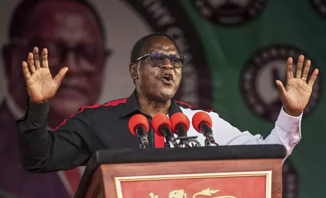 Malawi Congress Party (MCP) leader and Malawian President Lazarus Chakwera speaks at a campaign rally in Blantyre, Malawi, Sunday, Sept. 7, 2025. (AP Photo/Thoko Chikondi)