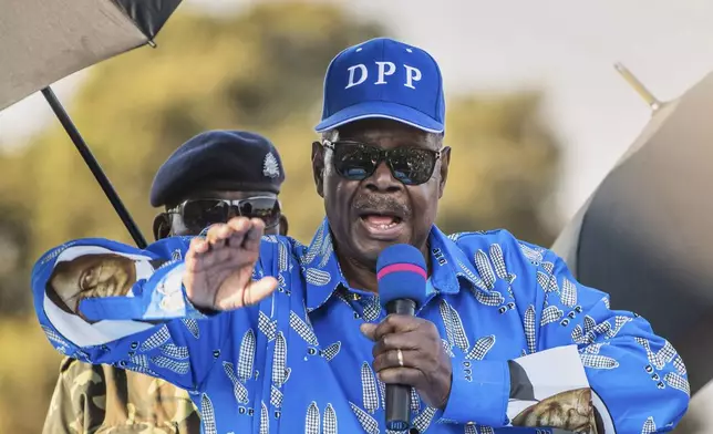 Democratic Progressive Party (DPP) leader and presidential candidate Peter Mutharika speaks to supporters at a campaign rally in Zomba, Malawi, Wednesday, Sept. 10, 2025. (AP Photo/Thoko Chikondi)