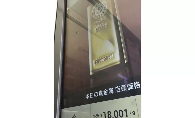 An electronic notice board shows the price of gold at a jewelry shop in Tokyo Monday, Sept. 1, 2025. (Kenichiro Kojima/Kyodo News via AP)