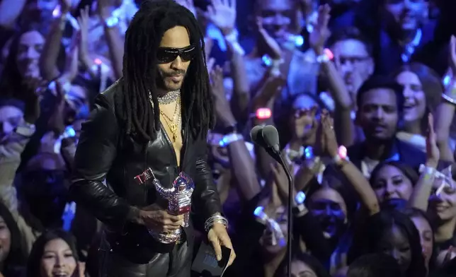 Lenny Kravitz presents the award for artist of the year during the MTV Video Music Awards on Sunday, Sept. 7, 2025, at UBS Arena in Elmont, N.Y. (Photo by Charles Sykes/Invision/AP)