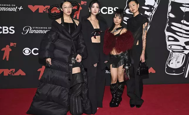 Audrey Nuna, from left, Ejae, Rei Ami, and May Hong of "KPop Demon Hunters" arrive at the MTV Video Music Awards on Sunday, Sept. 7, 2025, at UBS Arena in Elmont, N.Y. (Photo by Evan Agostini/Invision/AP)