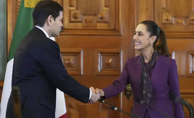 Secretary of State Marco Rubio, left, meets with Mexico's President Claudia Sheinbaum, right, at the Palacio Nacional in Mexico City, Wednesday, September 3, 2025. (AP Photo/Jacquelyn Martin, pool)