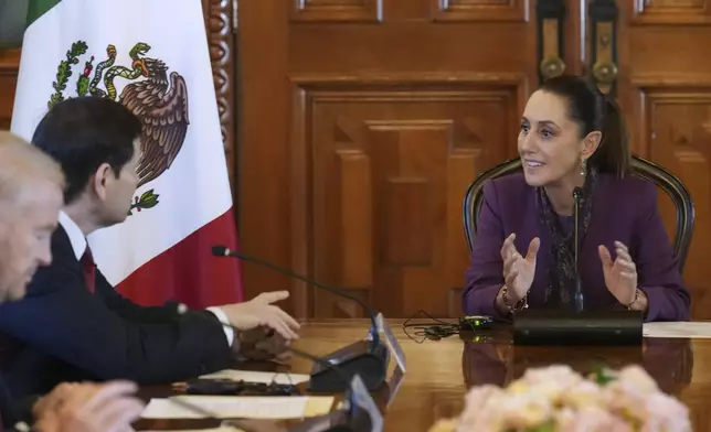 Mexican President Claudia Sheinbaum, right, meets with U.S. Secretary of State Marco Rubio at the National Palace in Mexico City, Wednesday, Sept. 3, 2025. (AP Photo/Jacquelyn Martin, Pool)