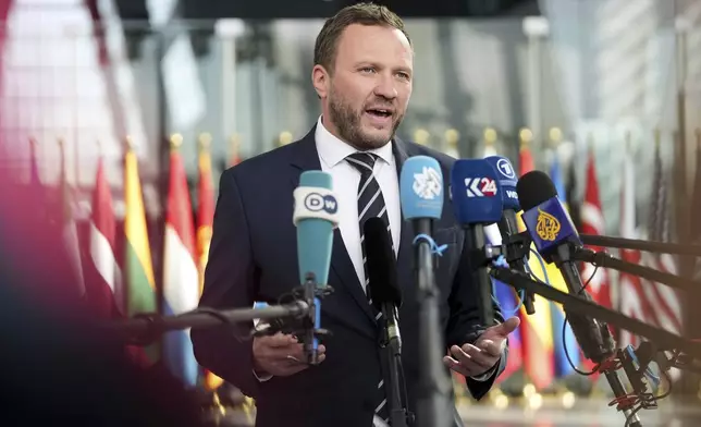 FILE - Estonia's Foreign Minister Margus Tsahkna speaks with the media as he arrives for a meeting of NATO foreign ministers at NATO headquarters in Brussels, April 3, 2025. (AP Photo/Virginia Mayo, File)