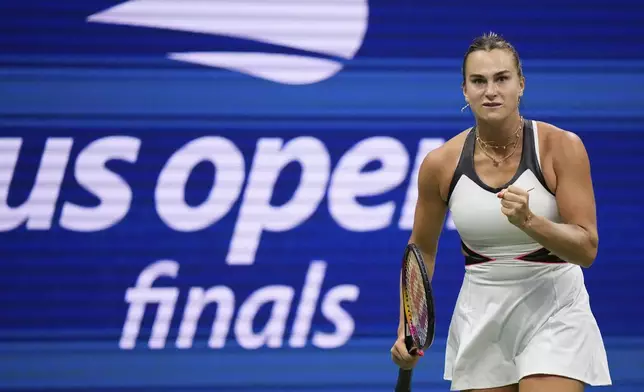 Aryna Sabalenka, of Belarus, reacts against Amanda Anisimova, of the United States, during the women's finals of the U.S. Open tennis championships, Saturday, Sept. 6, 2025, in New York. (AP Photo/Frank Franklin)