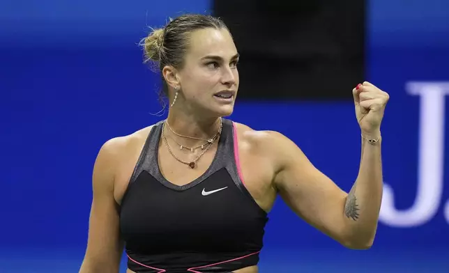 Aryna Sabalenka, of Belarus, reacts after winning a match against Jessica Pegula, of the United States, during the women's singles semifinals of the U.S. Open tennis championships, Thursday, Sept. 4, 2025, in New York. (AP Photo/Frank Franklin II)