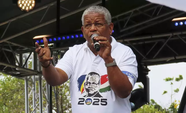 President Wavel Ramkalawan of the Republic of Seychelles and presidential candidate for Linyon Demokratik Seselwa delivers a speech at a campaign rally at Freedom Square in Victoria, Seychelles, Sunday, Sep. 21, 2025. (AP Photo/Emilie Chetty)