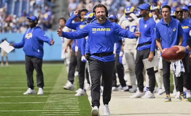 Los Angeles Rams head coach Sean McVay reacts after a pass intended for wide receiver Davante Adams was broken up in the end zone by Tennessee Titans cornerback L'Jarius Sneed during the second half of an NFL football game Sunday, Sept. 14, 2025, in Nashville, Tenn. (AP Photo/John Amis)