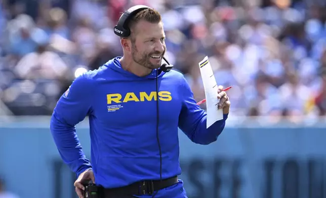 Los Angeles Rams head coach Sean McVay stands on the sideline during the first half of an NFL football game against the Tennessee Titans, Sunday, Sept. 14, 2025, in Nashville, Tenn. (AP Photo/John Amis)