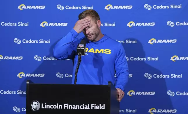 Los Angeles Rams head coach Sean McVay speaks during a news conference following an NFL football game against the Philadelphia Eagles Sunday, Sept. 21, 2025, in Philadelphia. (AP Photo/Matt Rourke)