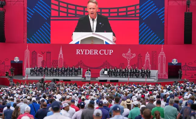 Europe captain Luke Donald speaks during the opening ceremonies for the Ryder Cup golf tournament, Wednesday, Sept. 24, 2025, on the Bethpage Black golf course, in Farmingdale, N.Y. (AP Photo/Matt Slocum)
