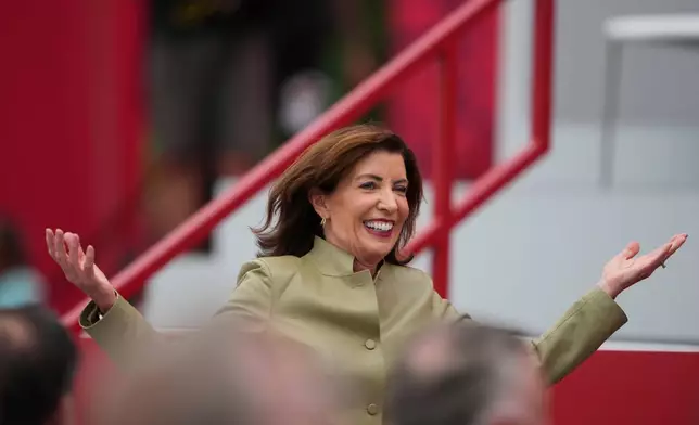 New York Gov. Kathy Hochul arrives for the opening ceremonies at the Ryder Cup golf tournament, Wednesday, Sept. 24, 2025, on the Bethpage Black golf course, in Farmingdale, N.Y. (AP Photo/Lindsey Wasson)