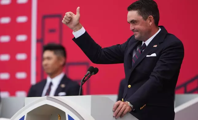 United States captain Keegan Bradley speaks during the opening ceremonies for the Ryder Cup golf tournament, Wednesday, Sept. 24, 2025, on the Bethpage Black golf course, in Farmingdale, N.Y. (AP Photo/Lindsey Wasson)